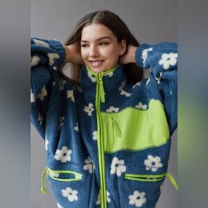Urban Outfitters Stormi Jacket XS Small Flower Fleece Full Zip Blue Green